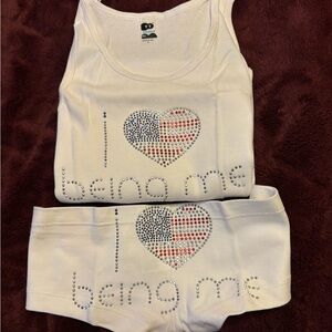 NWOT…White Rhinestone Heart Tank Top and Boy short Panty Set
